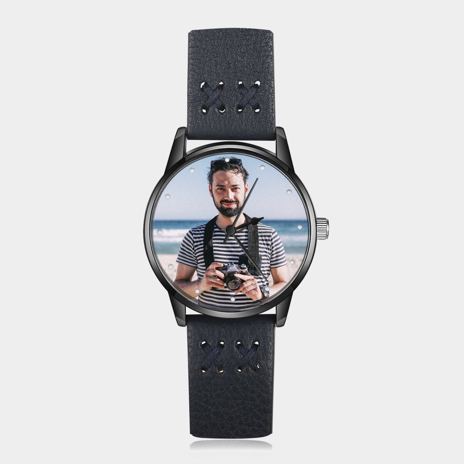 Reloj Personalizado Con Foto Correa Cuero Negra