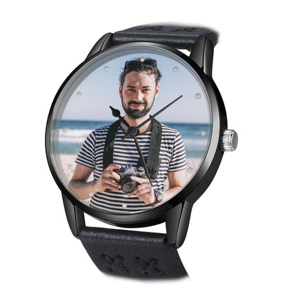 Reloj Personalizado Con Foto Correa Cuero Negra